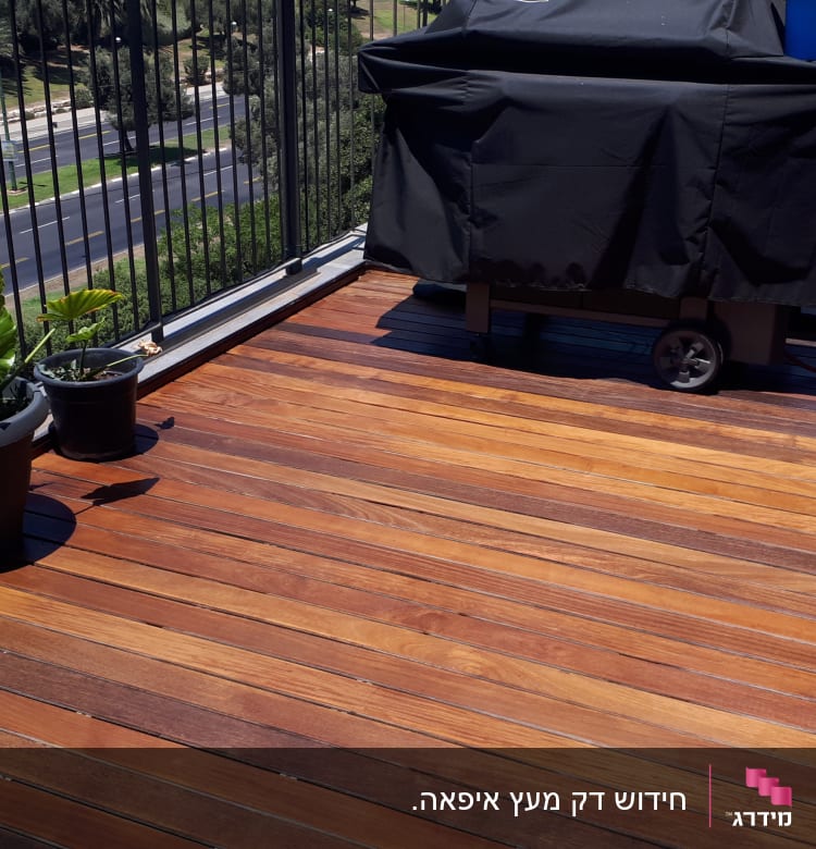 עציצים על רצפת עץ במרפסת עם גריל וכבאית